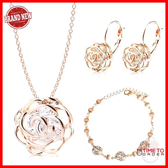 Elegant Crystal Rose Jewelry Set Gold Plated Formal Bridal Party Accessories